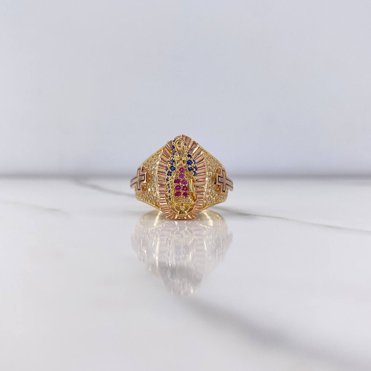Virgin Guadalupe Ring 7.7gr / Size 8 / Blue, Fuchsia, White Zircon Crosses Two Yellow and Rose Golds &
