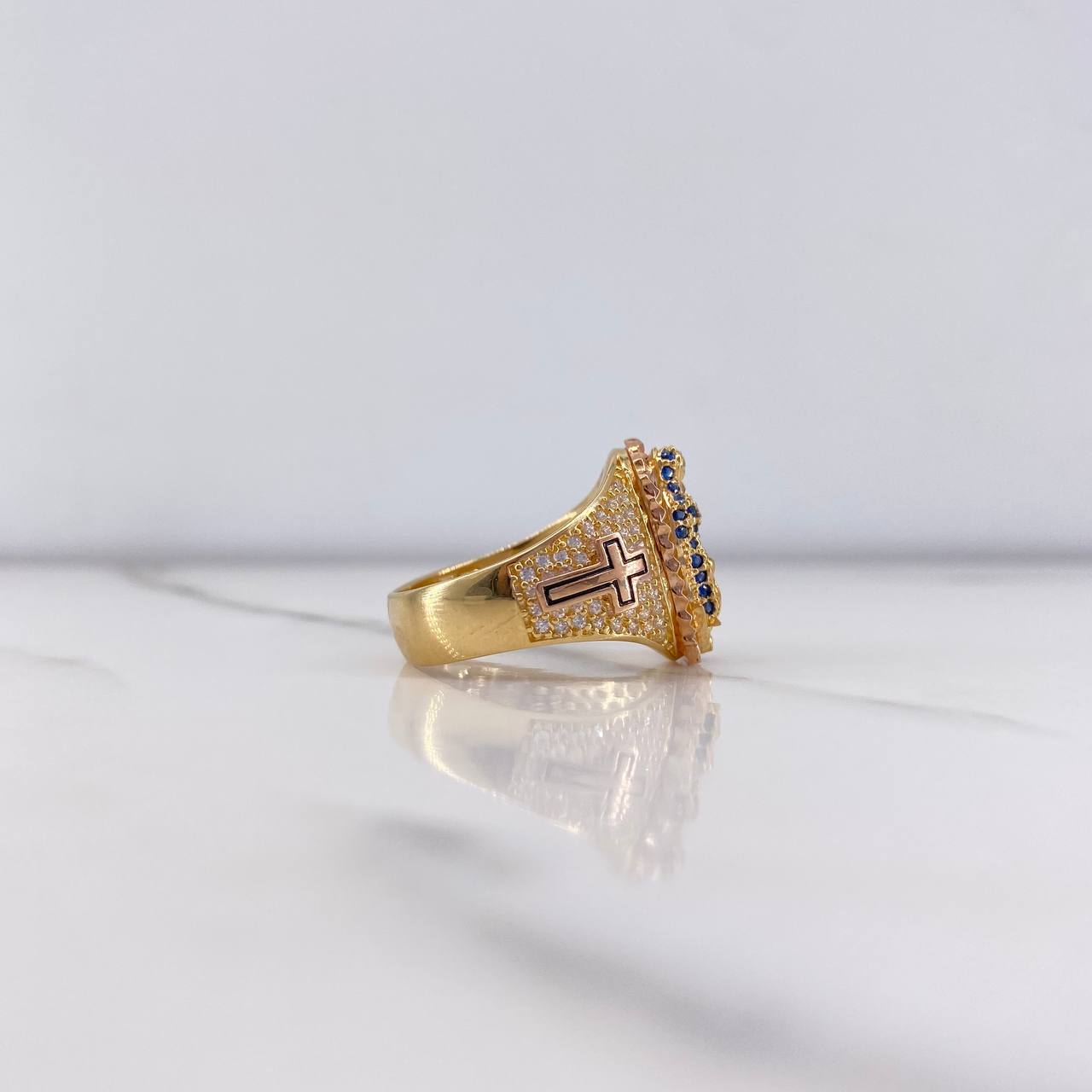 Virgin Guadalupe Ring 7.5gr / Size 7 3/4 / Blue, Fuchsia, White Zircon Crosses Two Yellow and Rose Golds &