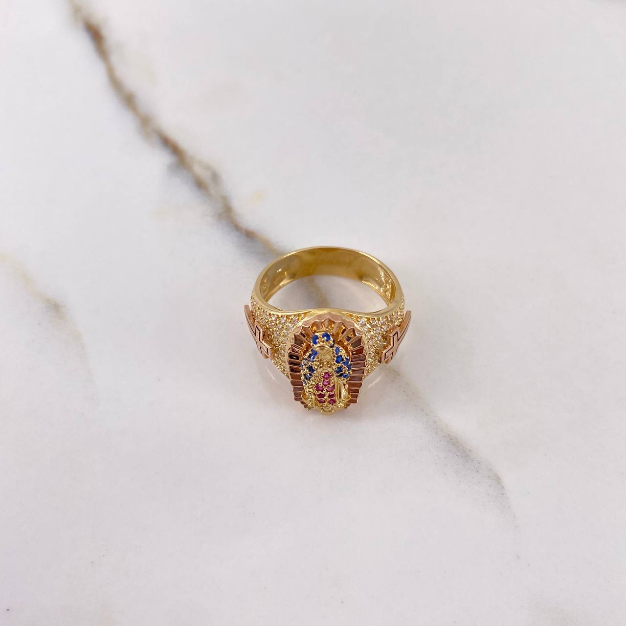 Virgin Guadalupe Ring 7.7gr / Size 8 / Blue, Fuchsia, White Zircon Crosses Two Yellow and Rose Golds &