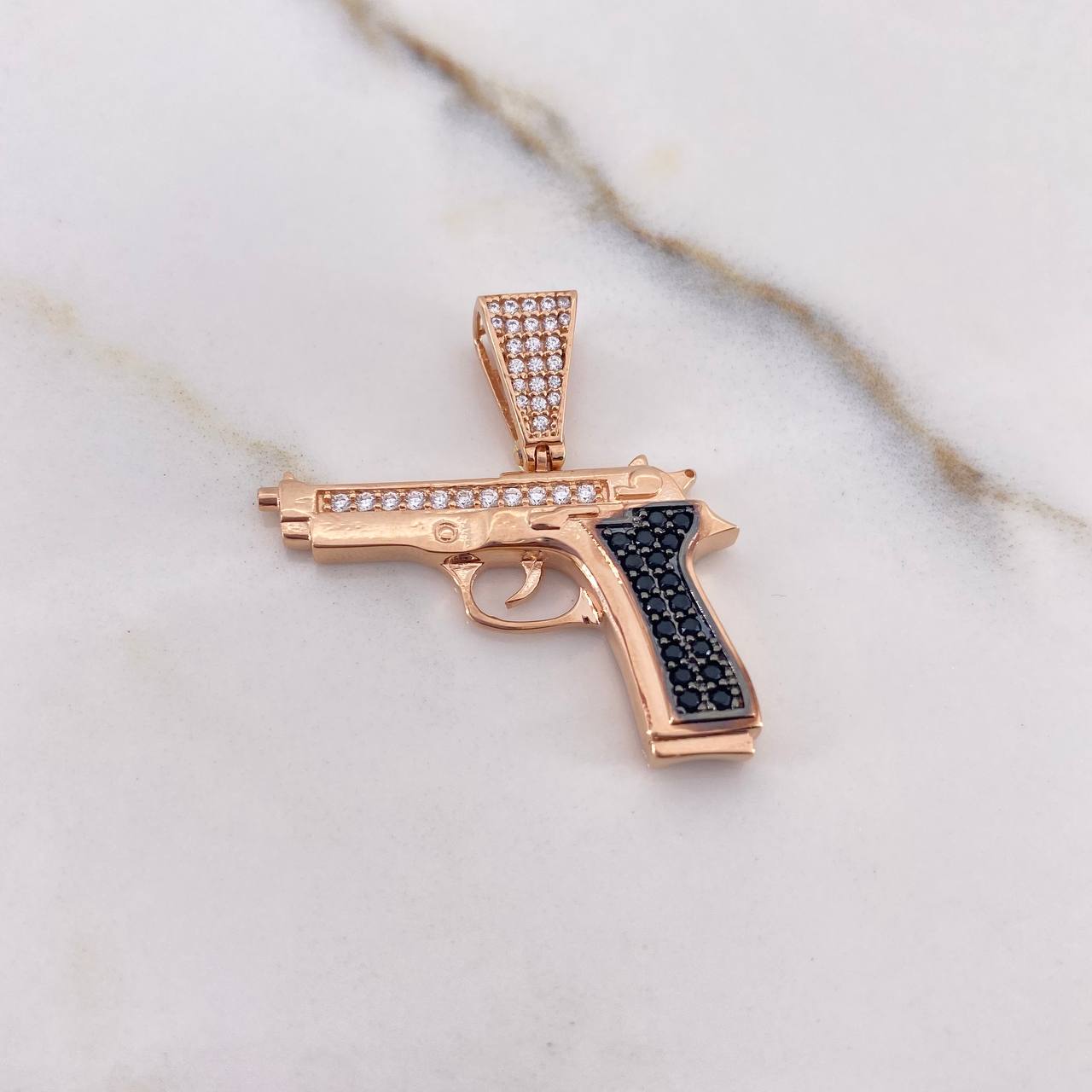 Pendant Gun 4.1gr / 3cm / Black White Rose Gold Zircons &