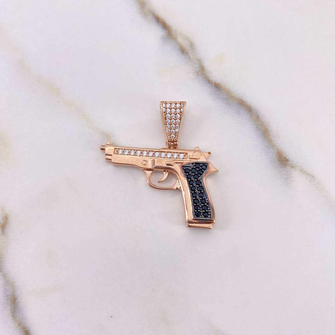 Pendant Gun 4.1gr / 3cm / Black White Rose Gold Zircons &