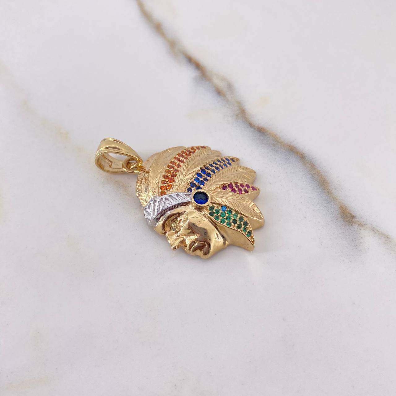 Pendant Indian 6.35gr / 3.3cm / Blue Orange Green Fuchsia Black Zircons Two Yellows White Gold $