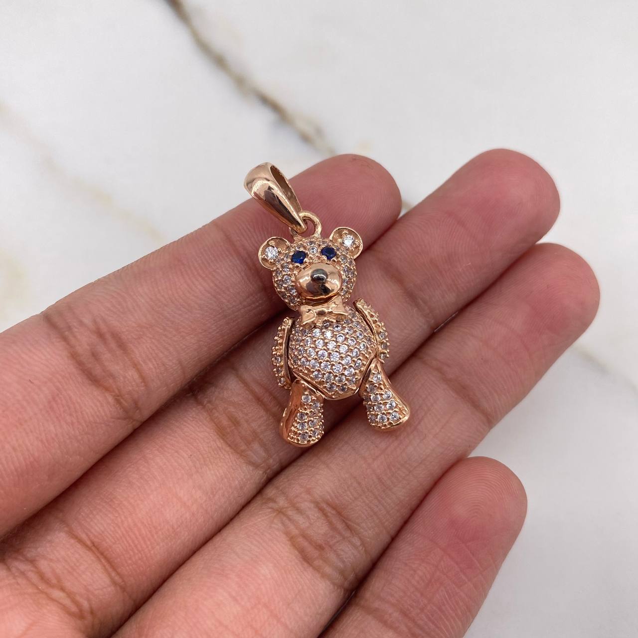 Pendant Articulated Bear Bow Tie 6.1gr / 3.2cm / Blue White Zircons Rose Gold $