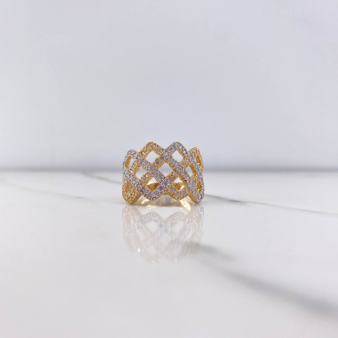 Enamelled Ring 5.35gr / T8 1/4 / White Zircons Two-tone Yellow and White Gold &