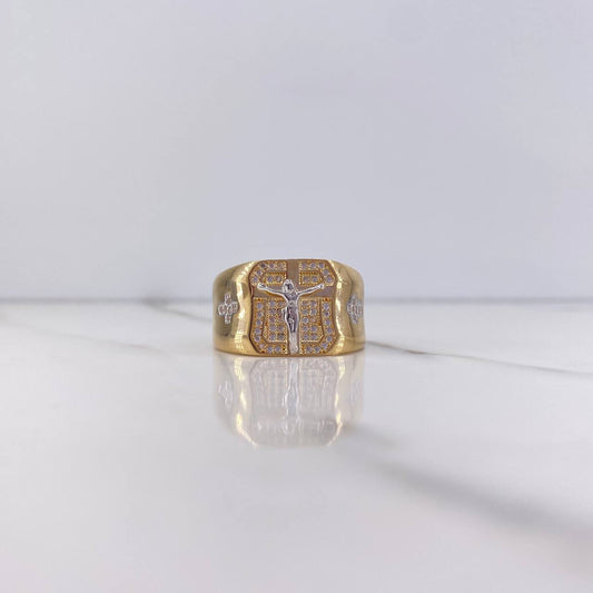 Cross Christ Ring 8.35gr / Size 10 1/4 / White Zircons Two Yellow and White Gold $