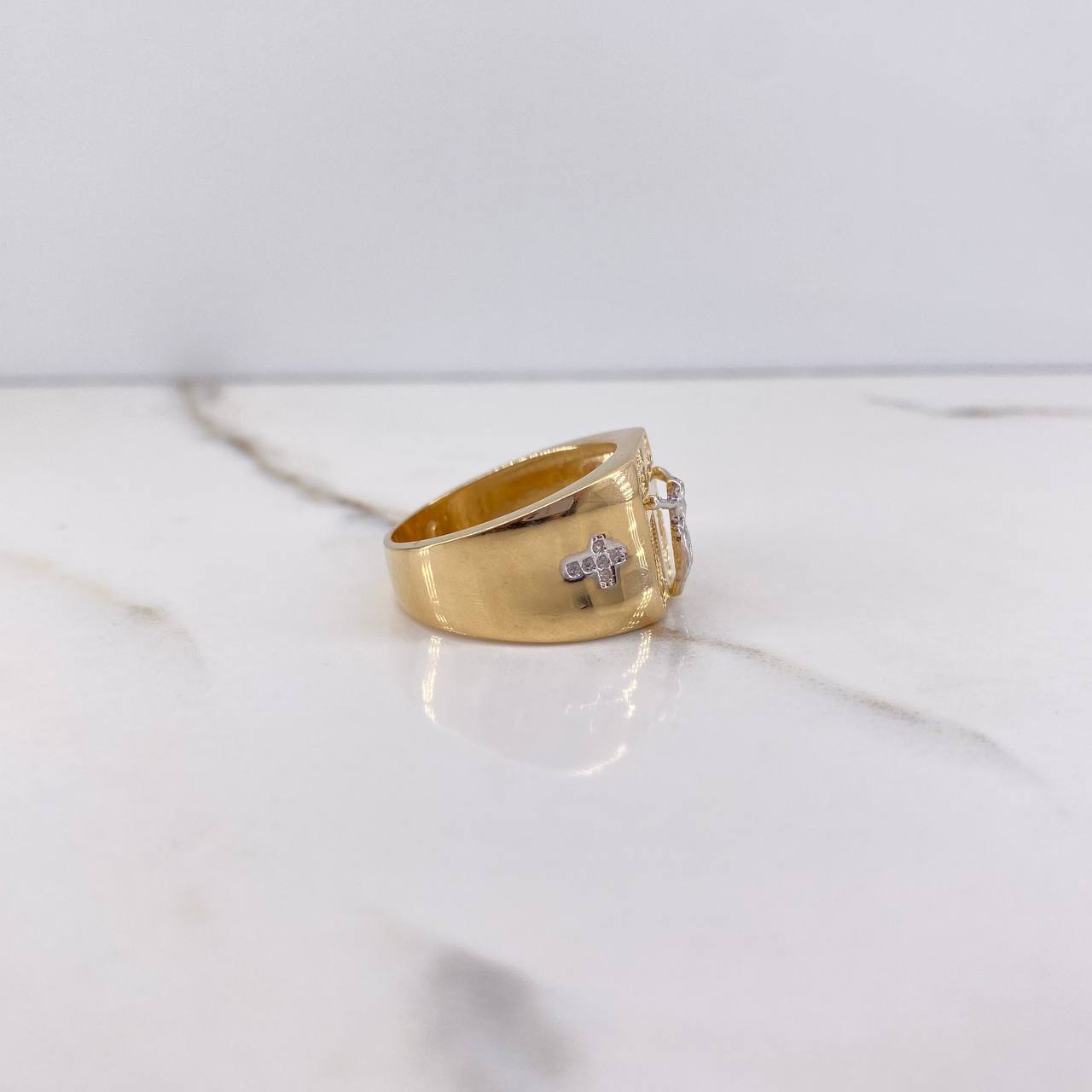 Cross Christ Ring 8.35gr / Size 10 1/4 / White Zircons Two Yellow and White Gold $