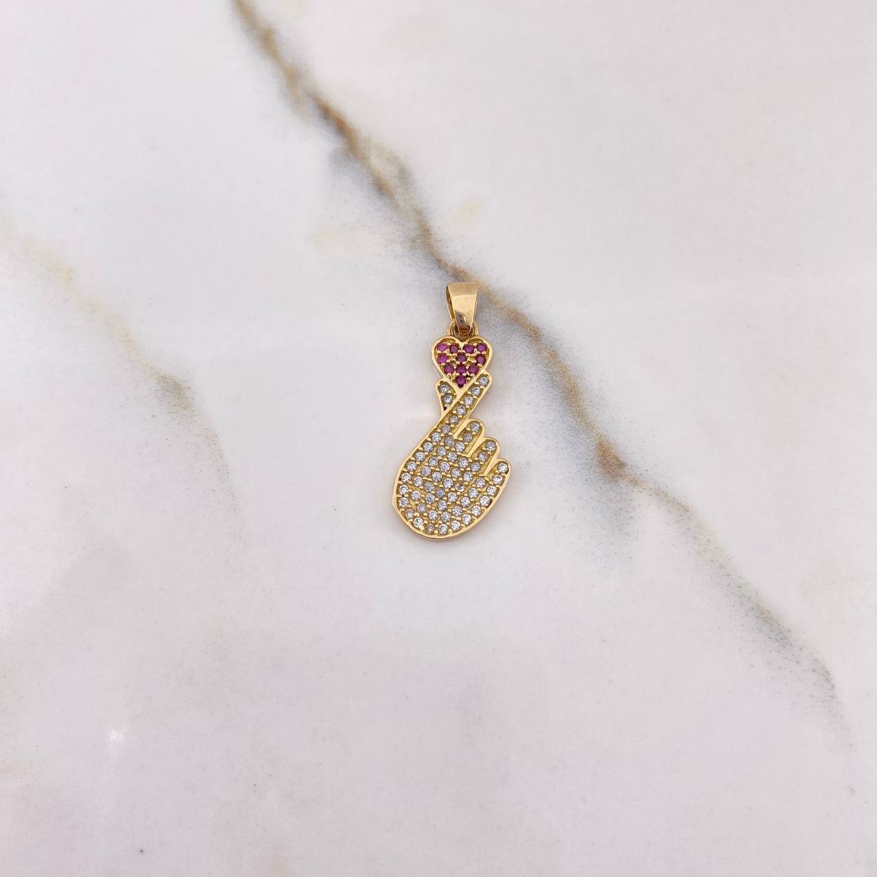 Pendant Hand Saranghae 1.6gr / 2.5cm / White Fuchsia Zircons Yellow Gold &