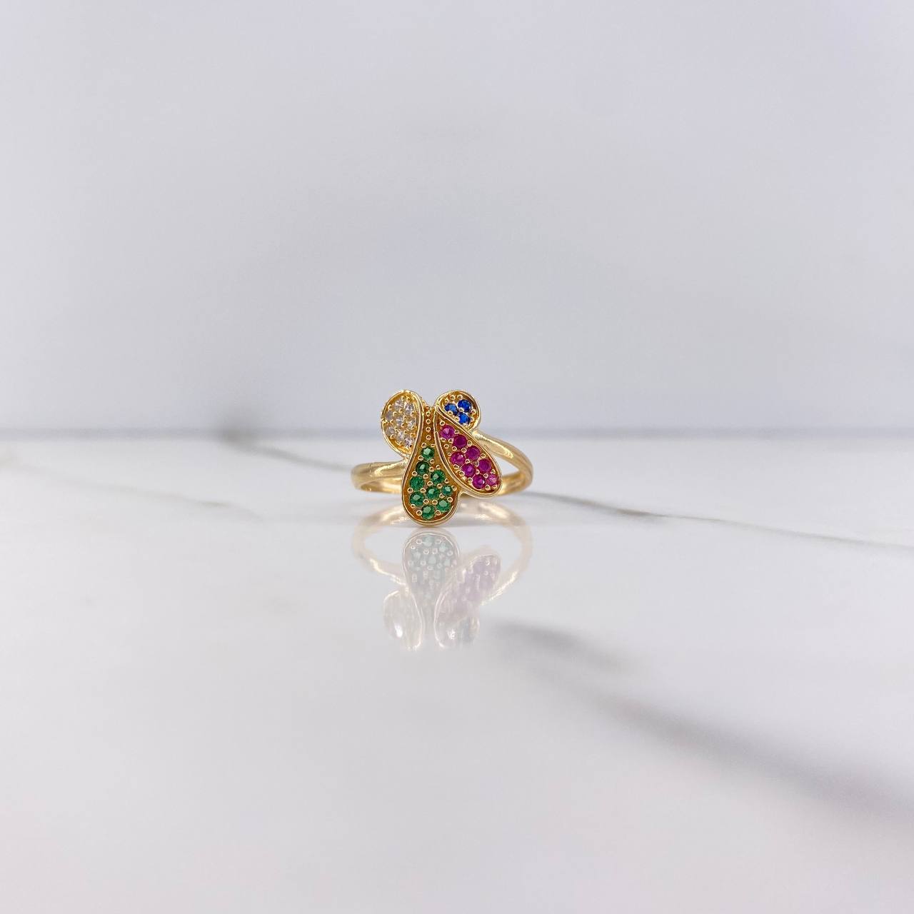 Butterfly Ring 2.15gr / Size 6 / Blue, Fuchsia, Green, White Zircons Yellow Gold &