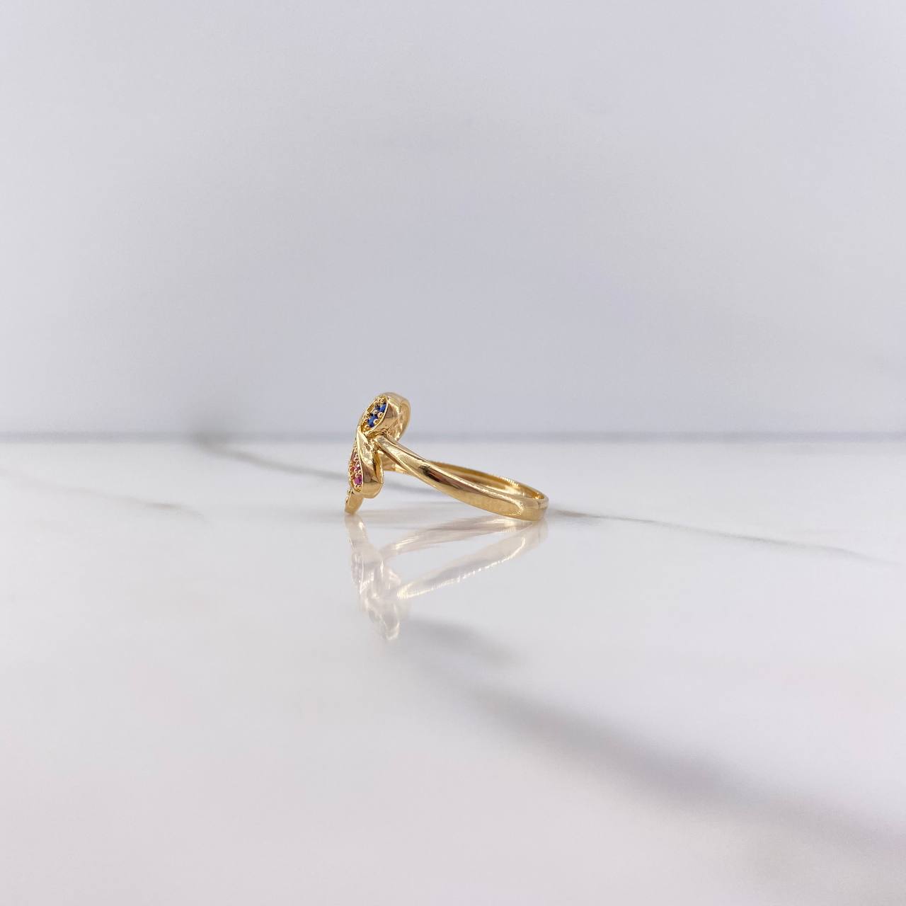 Butterfly Ring 2.15gr / Size 6 / Blue, Fuchsia, Green, White Zircons Yellow Gold &