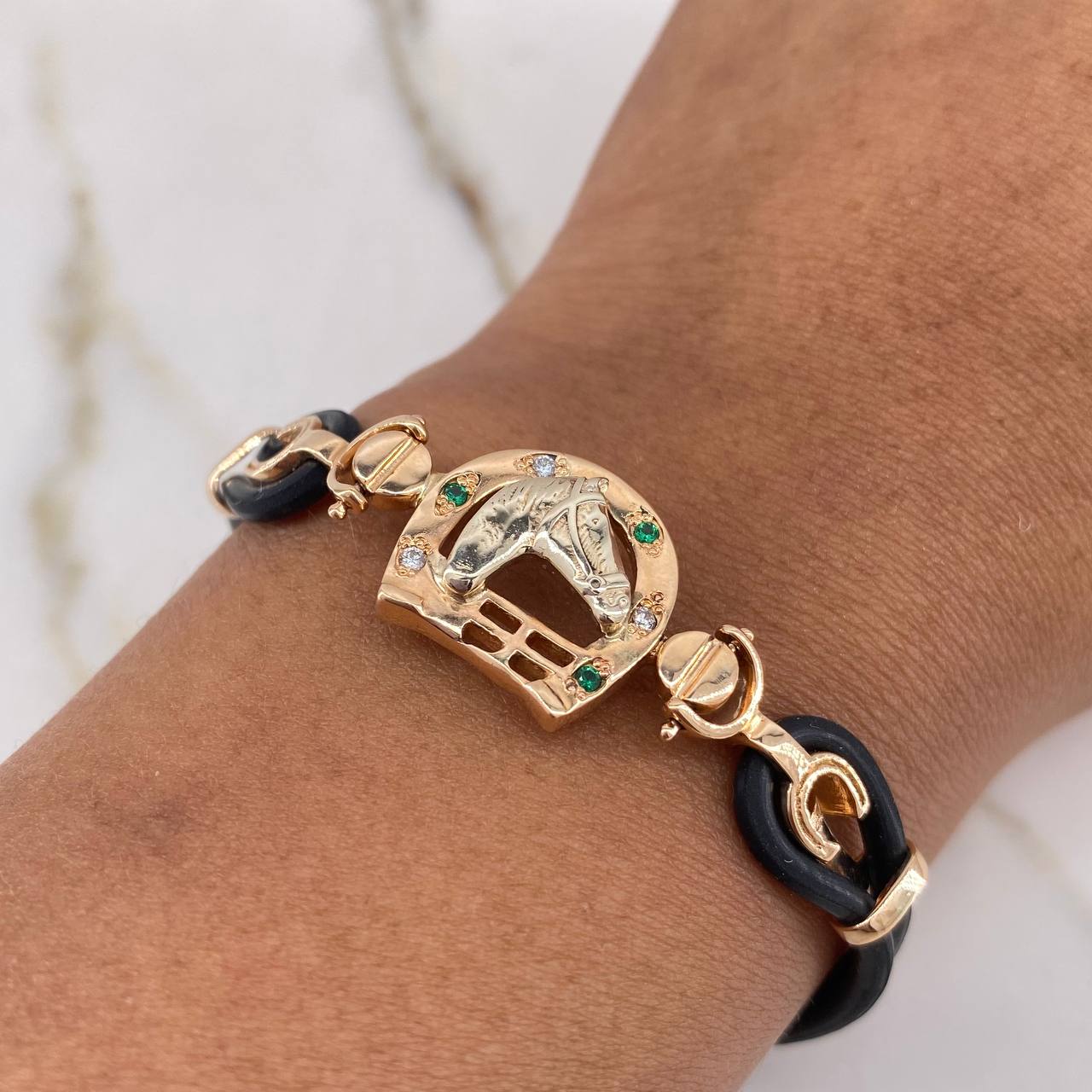 Bracelet Horseshoe Horse 12.55gr / 18cm / White Green Zircons Rose Gold &