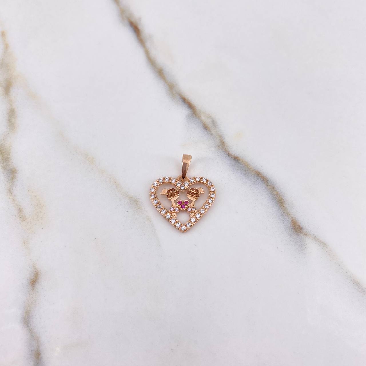 Pendant Heart Girls 1.8gr / 2cm / Fuchsia Brown White Zircons Rose Gold &