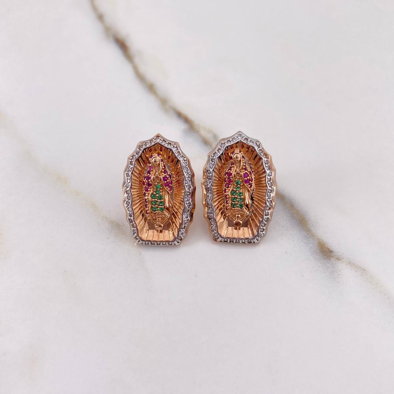 Stud Earrings Virgin Guadalupe 8.25gr / Fuchsia Green White Zircons Two Golds White Pink (Offer) $