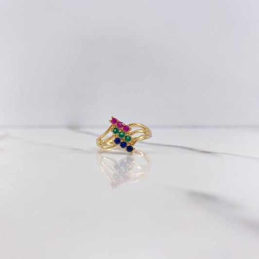 Three Line Ring 3.05gr / T6 1/2 / Blue Green Fuchsia Zircons Yellow Gold $