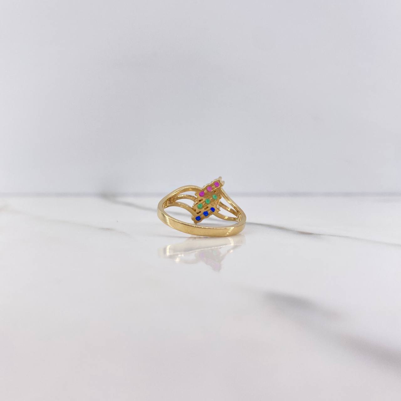 Three Line Ring 3.05gr / T6 1/2 / Blue Green Fuchsia Zircons Yellow Gold $