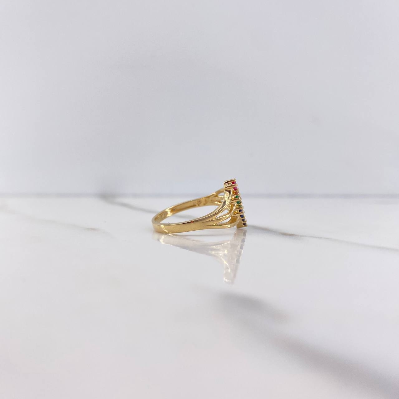 Three Line Ring 3.05gr / T6 1/2 / Blue Green Fuchsia Zircons Yellow Gold $