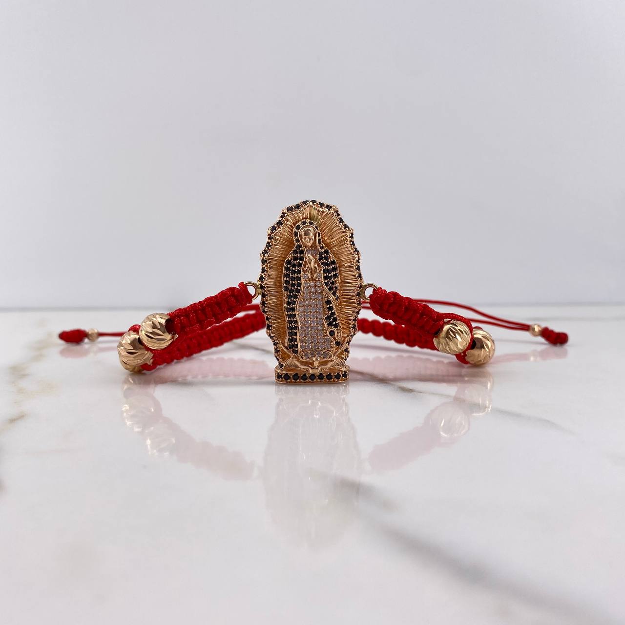 Red Bracelet Charm Virgin Guadalupe 11.35gr / 7mm Black White Zircons Beads Diamond Cut Rose Gold &