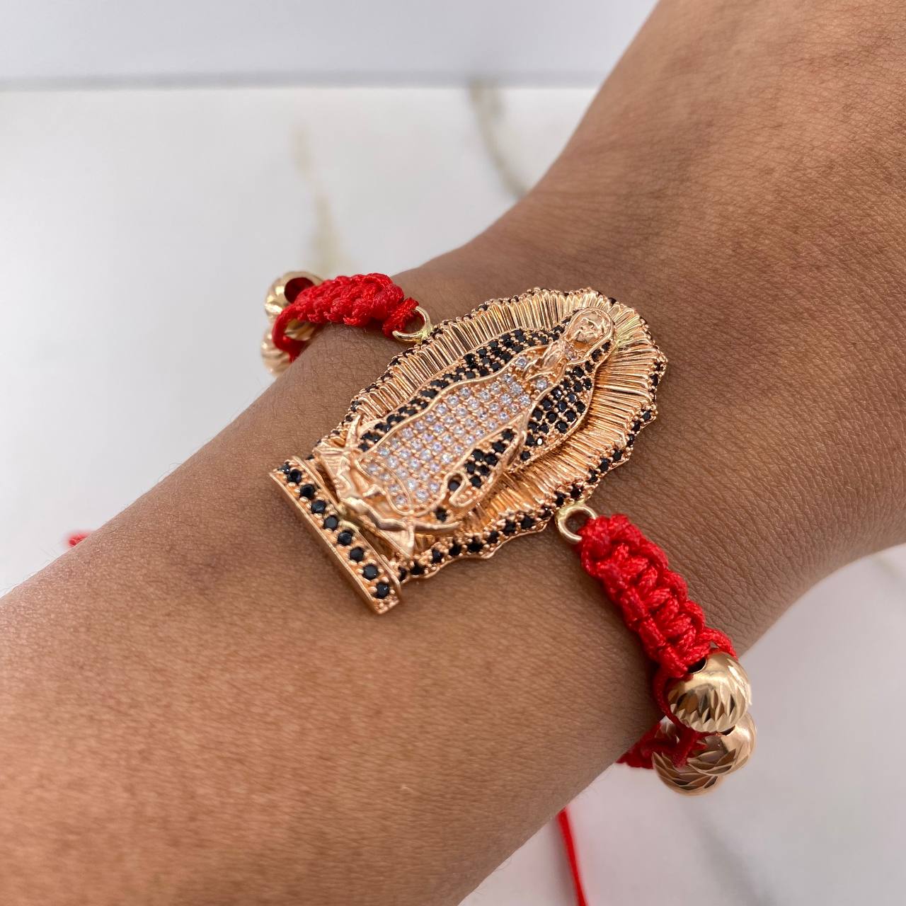 Red Bracelet Charm Virgin Guadalupe 11.35gr / 7mm Black White Zircons Beads Diamond Cut Rose Gold &