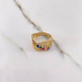 Rustic Ring 7.05gr / Size 7 1/2 / Colored Zircons Two-tone Yellow and White Gold &