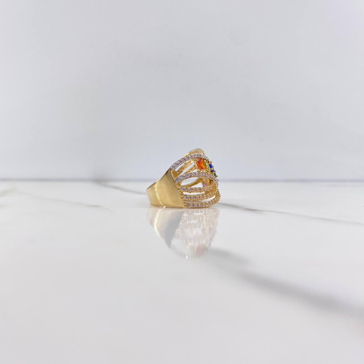 Rustic Ring 7.05gr / Size 7 1/2 / Colored Zircons Two-tone Yellow and White Gold &