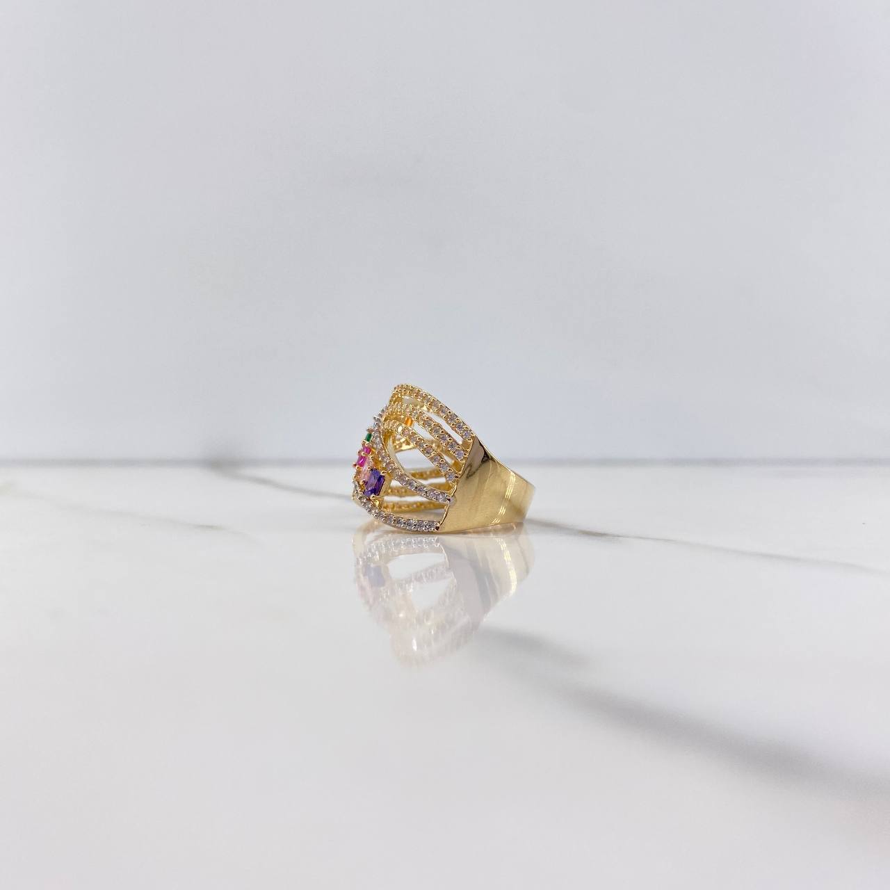 Rustic Ring 7.05gr / Size 7 1/2 / Colored Zircons Two-tone Yellow and White Gold &