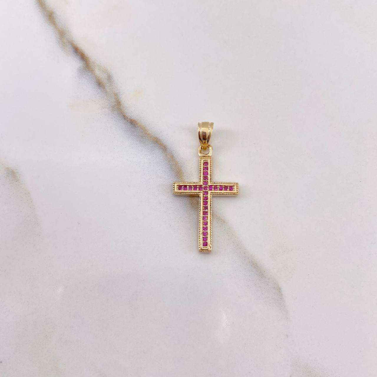 Pendant Cross 2.1gr / 3cm / Fuchsia Zircons Yellow Gold &