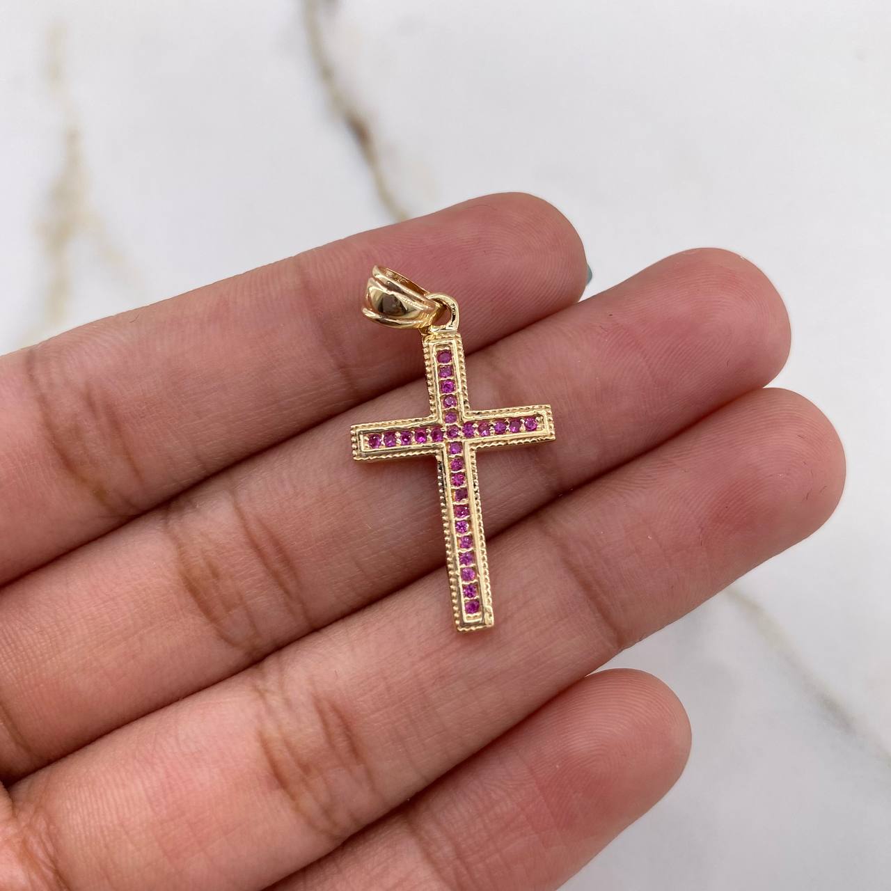 Pendant Cross 2.1gr / 3cm / Fuchsia Zircons Yellow Gold &