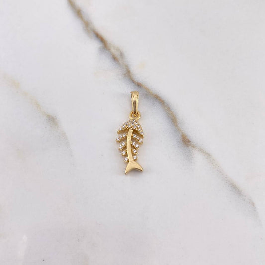 Pendant Skeleton Fish 2gr / 2.7cm / White Zircons Yellow Gold &