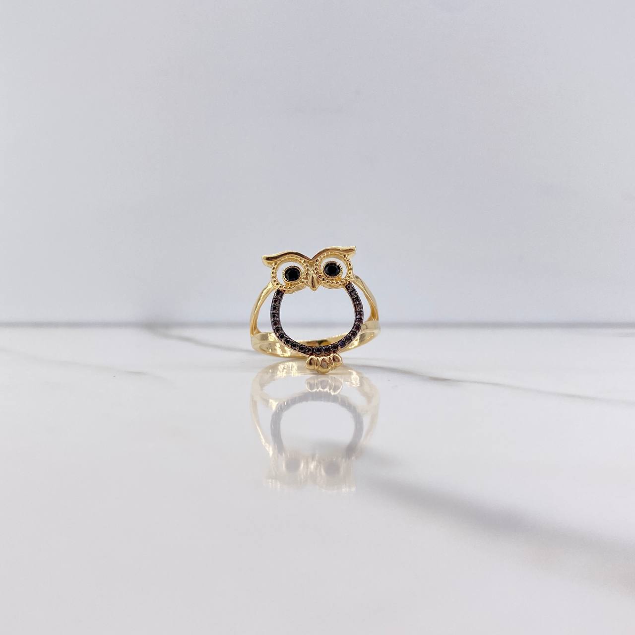 Owl Silhouette Ring 3.55gr / Size 7 3/4 / Brown and Black Zircons Yellow Gold &