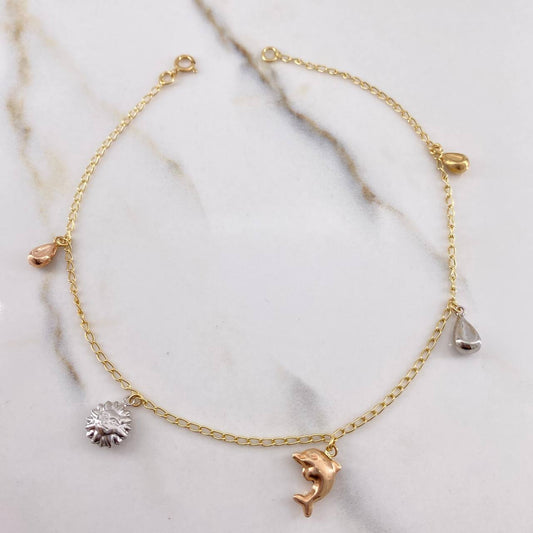 Ankle Bracelet Herringbone Drops Dolphins 2.85gr / 25cm / 2mm Sol Tres Oros &