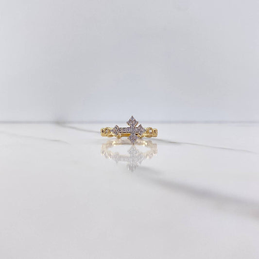 Cross Ring Points 2.75gr / Size 6 3/4 / White Zircons Two-tone Yellow and White Gold $