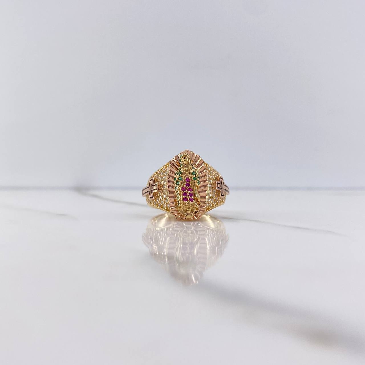 Virgin Guadalupe Ring 7.85gr / Size 7 1/4 / Crosses with Fuchsia, Green, White Zircons Two-tone Yellow and Rose Gold $