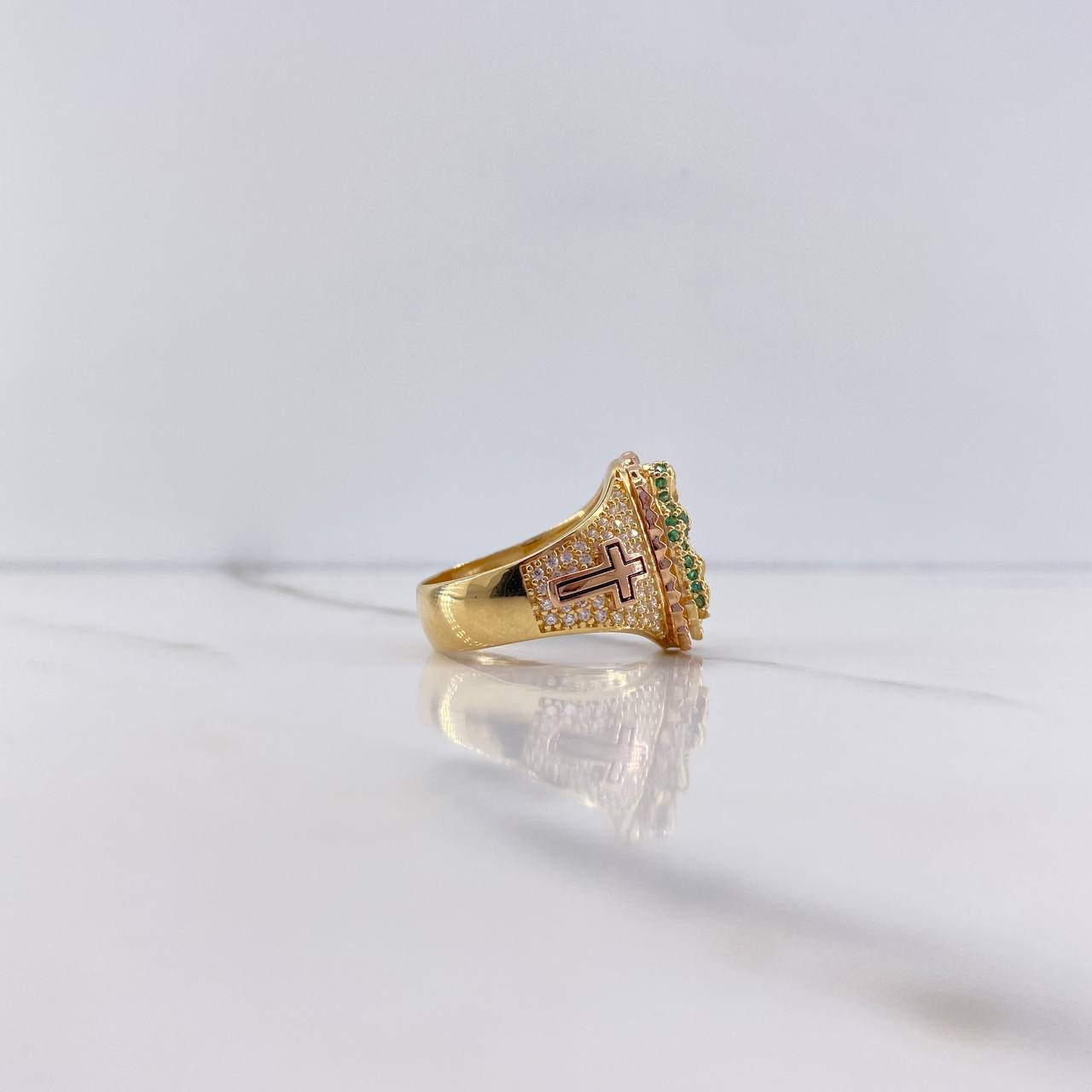 Virgin Guadalupe Ring 7.85gr / Size 7 1/4 / Crosses with Fuchsia, Green, White Zircons Two-tone Yellow and Rose Gold $
