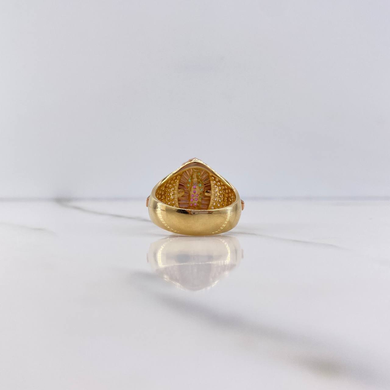 Virgin Guadalupe Ring 7.85gr / Size 7 1/4 / Crosses with Fuchsia, Green, White Zircons Two-tone Yellow and Rose Gold $