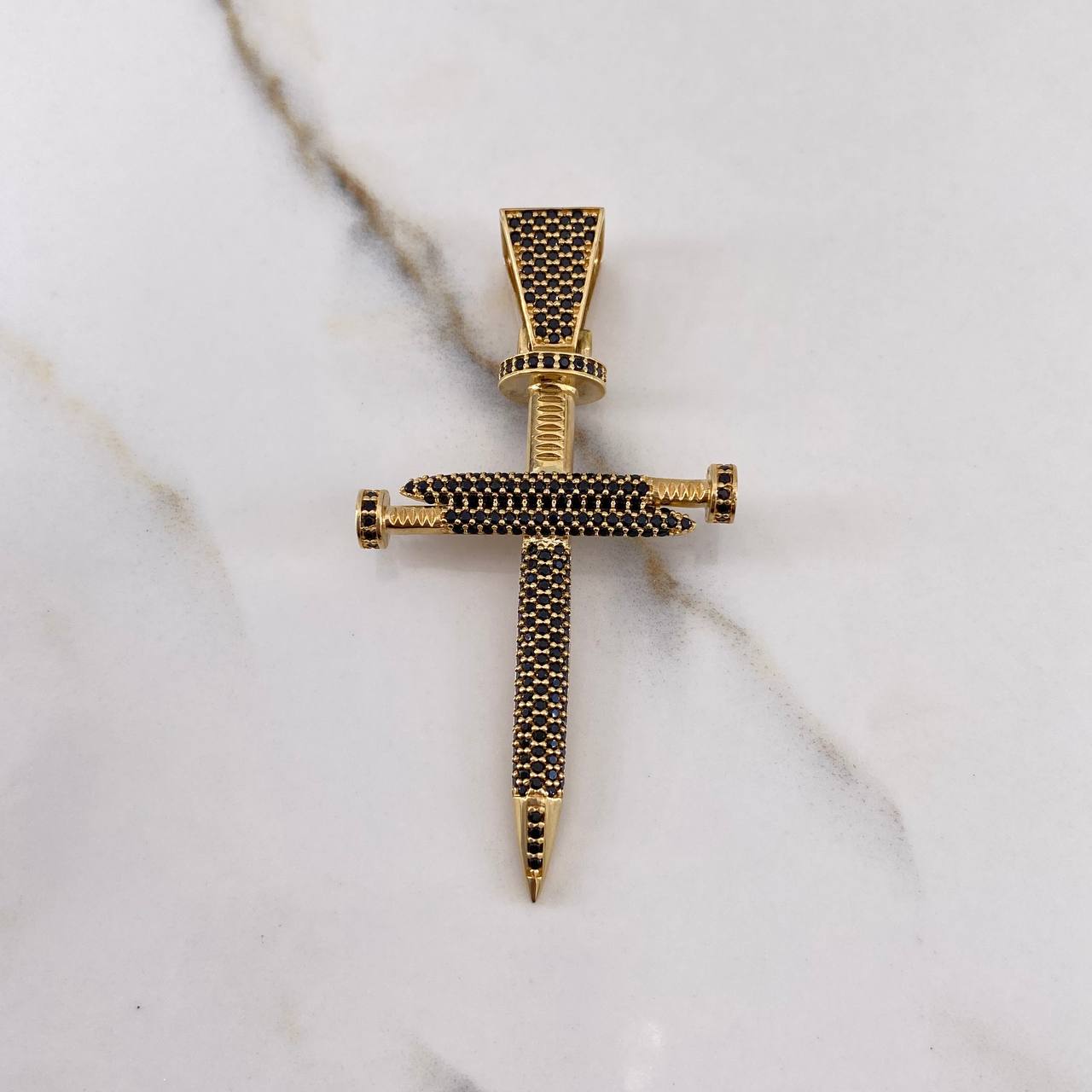 Pendant Nail Cross 7.8gr / 6cm / Black Zircons Yellow Gold $