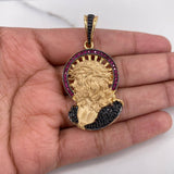 Pendant Christ Face 13.3gr / 4.9cm / Fuchsia Black Zircons Yellow Gold $