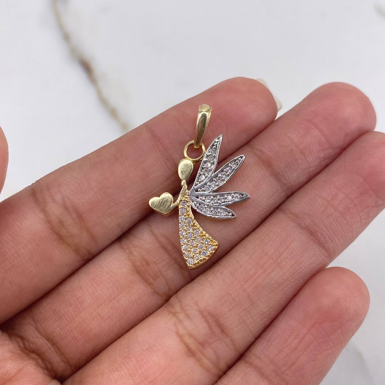 Pendant Angel Corazon 2.3gr / 2.4cm / White Zirconia Two Yellow and White Gold $
