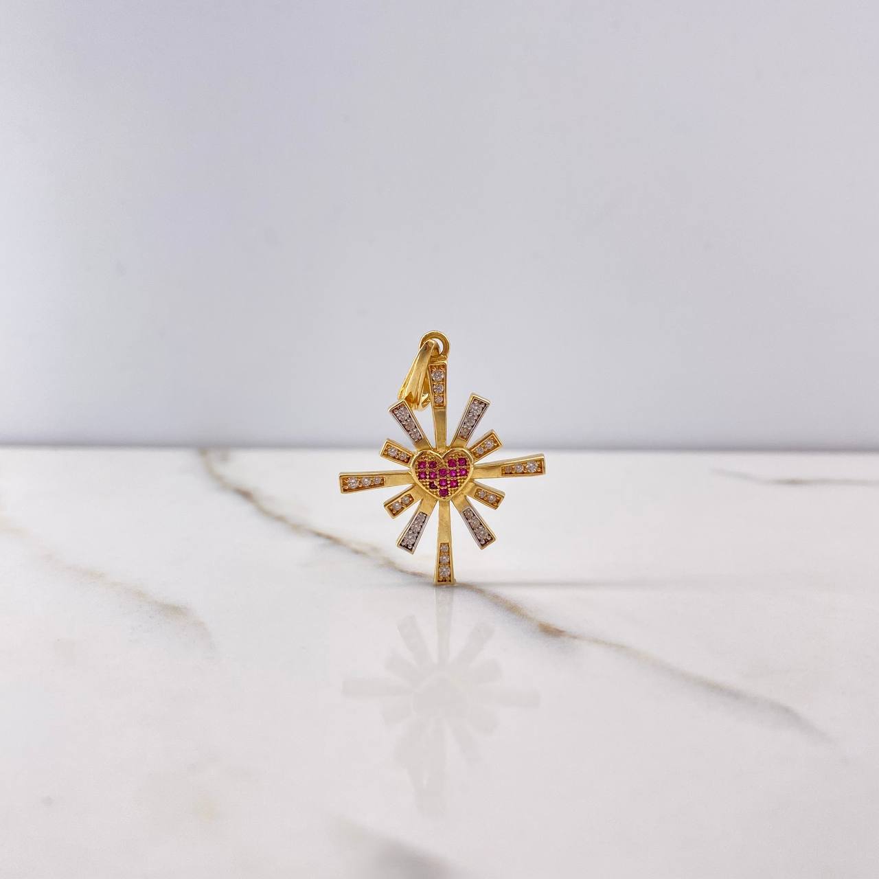 Pendant Heart Sparkles 4.3gr / 3.6cm / White Fuchsia Zircons Two Yellow White Gold $