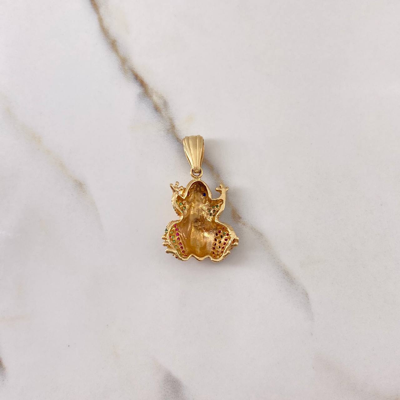 Pendant Frog 6.85gr / 3cm / Blue Green Fuchsia Zircons Yellow Gold $