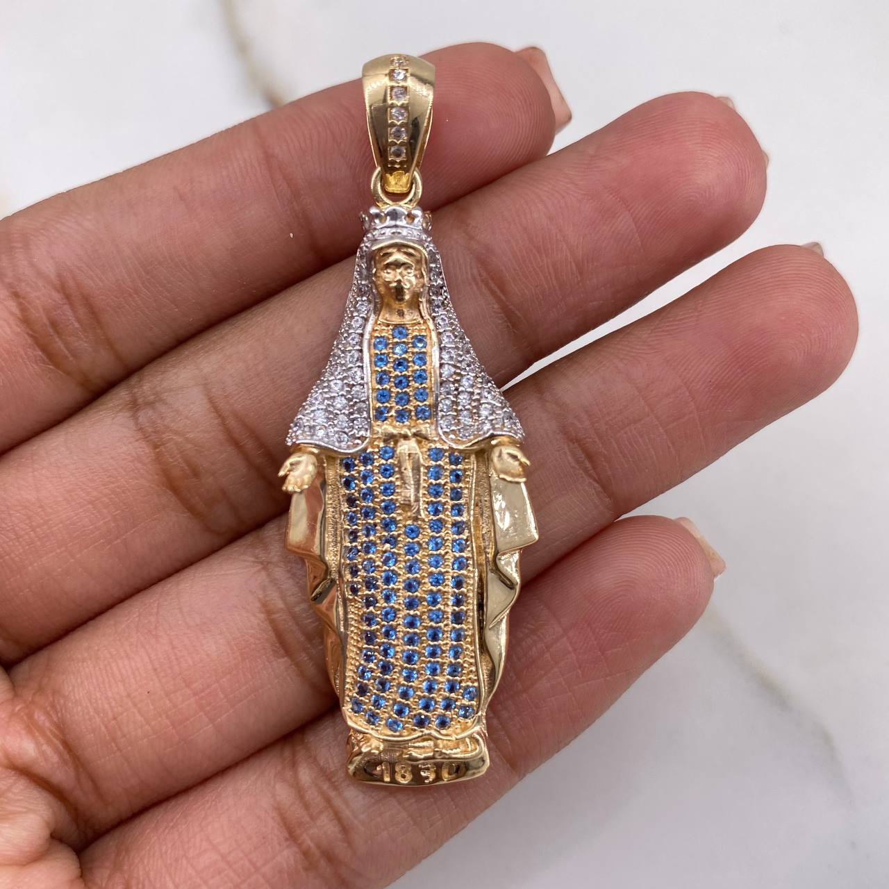 Dije Virgen Milagrosa 8.15gr / 5cm / Circones Blancos Azules Dos Oros Amarillo Blanco $