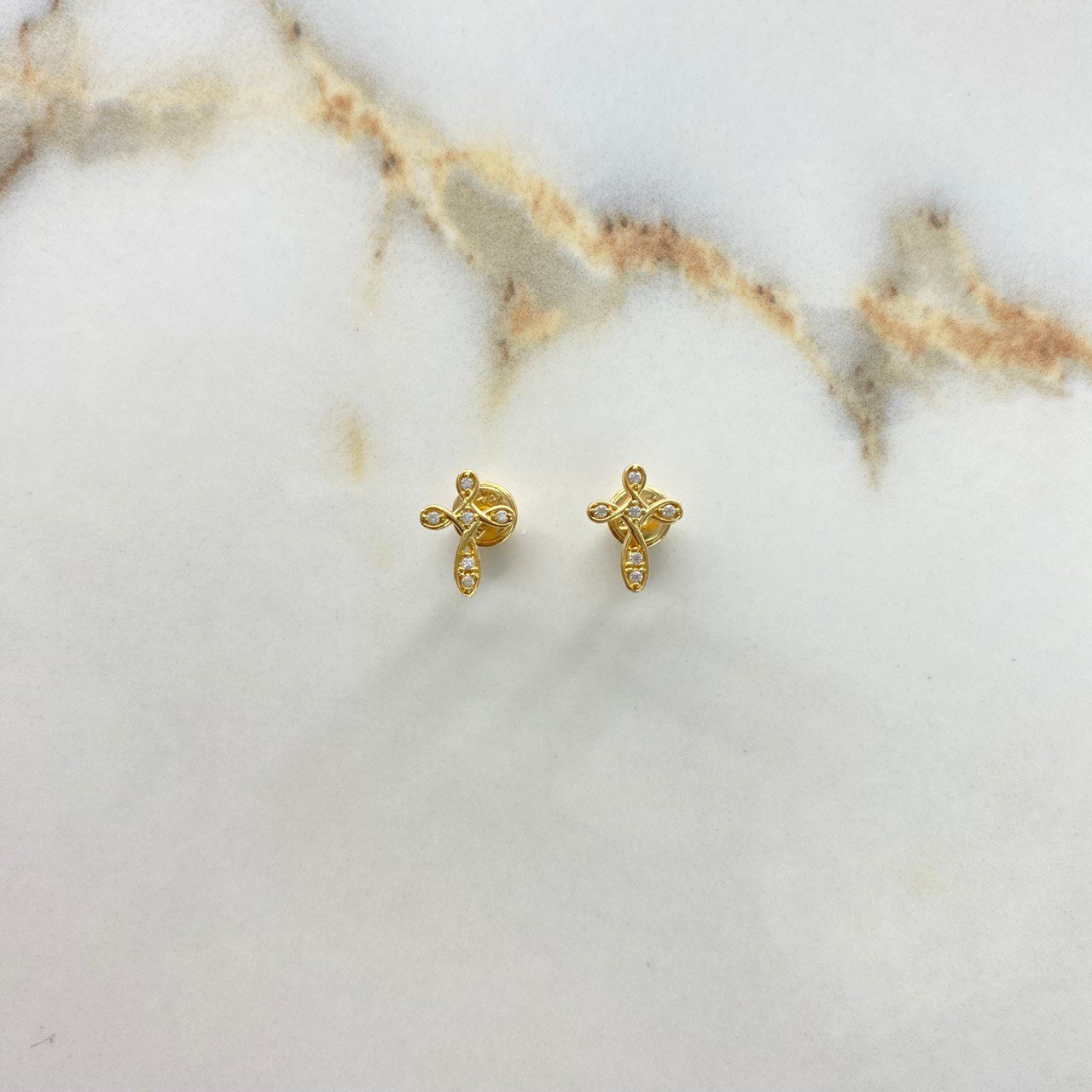 Stud Earrings Cross 0.95gr / White Zircons Yellow Gold &