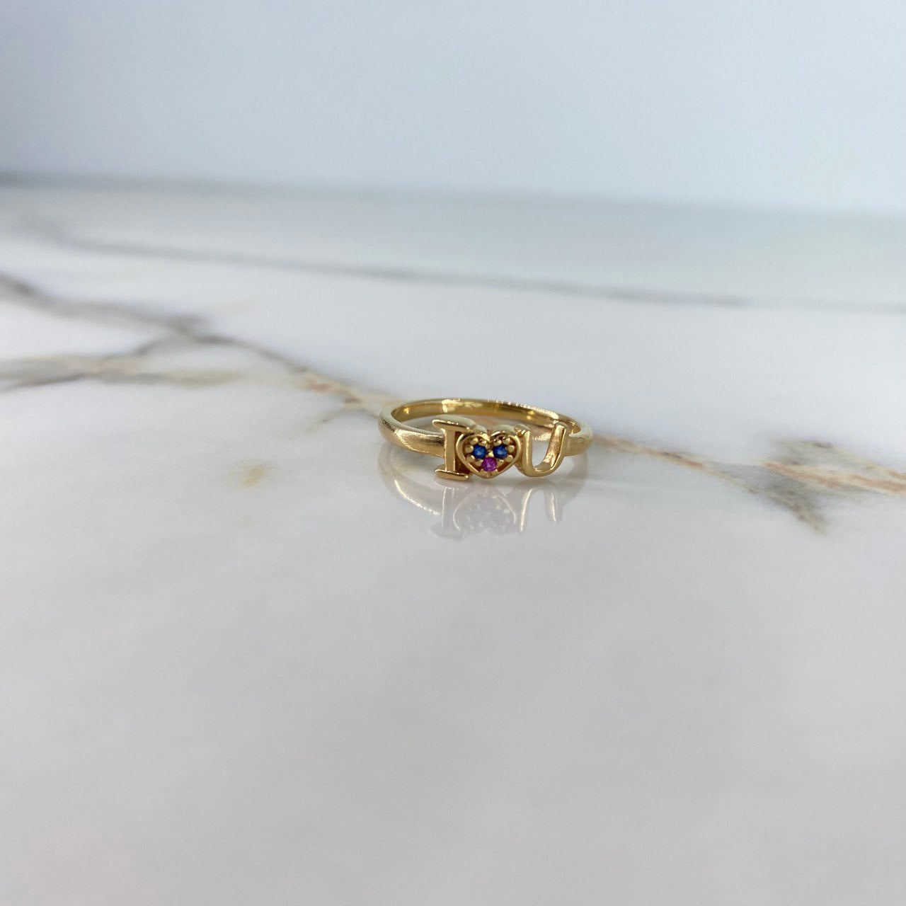 Ring I Love 1.9gr / T7 / Fuchsia Blue Zircons Yellow Gold &