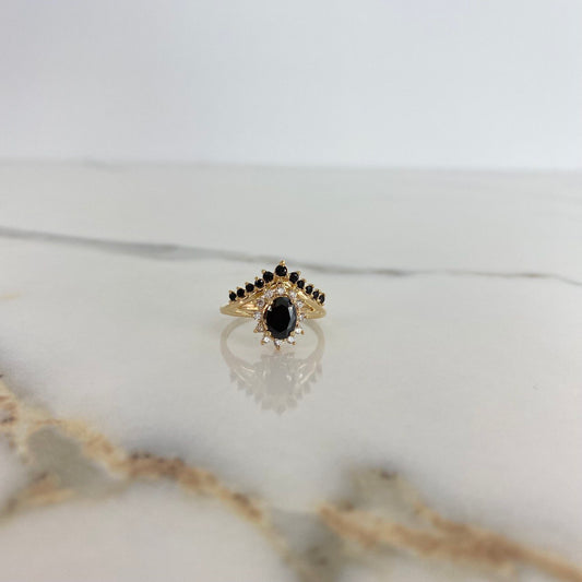 Dryad Flower Ring Crown 3.2gr / Size 6 3/4 / Black and White Zircons Yellow Gold &