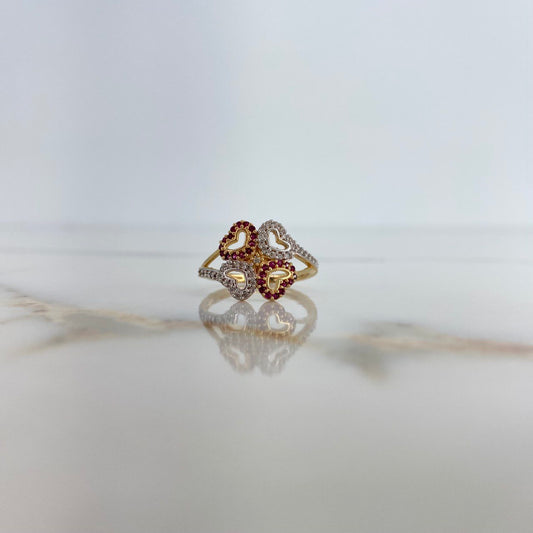 Four Hearts Ring 3.2gr / Size 6 3/4 / White Fuchsia Zircons Two Yellow White Golds &