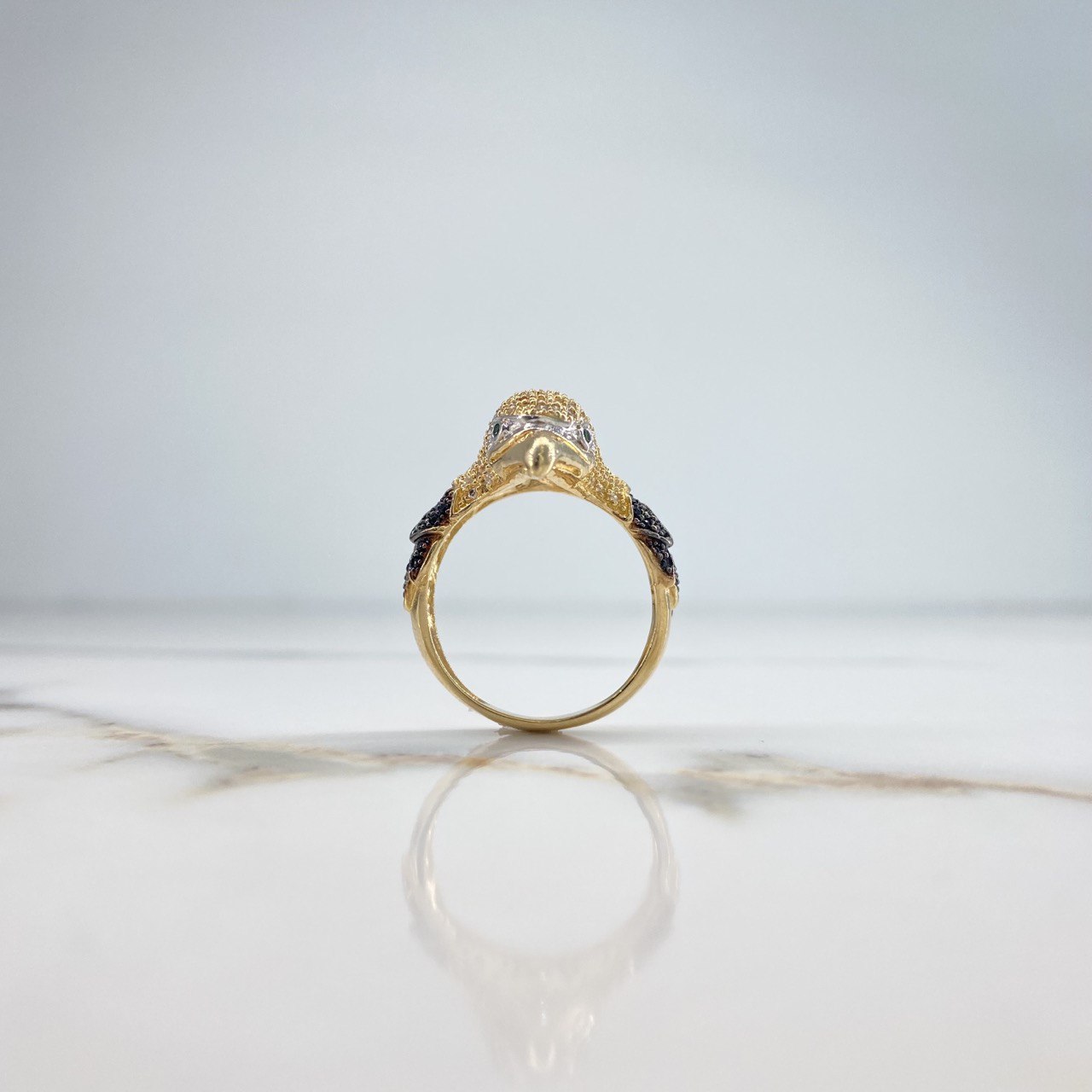 Eagle Ring 8.2gr / Size 9 3/4 / White, Black, Green Zircons Two Golds Yellow White &