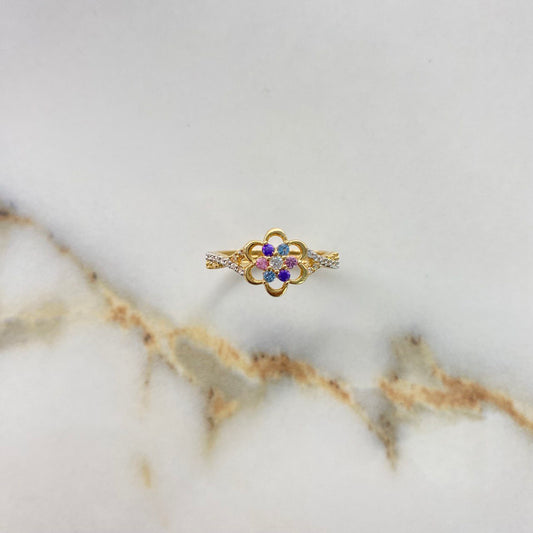 Flower Ring 2.75gr / Size 7 1/4 / Colored Zircons Yellow Gold &