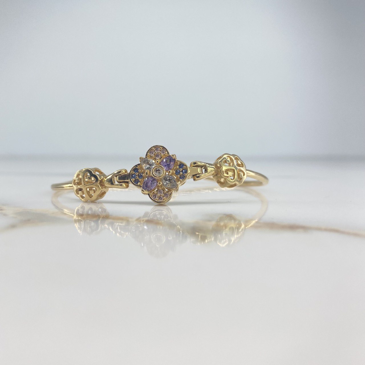 Bracelet Hug Flower 10.8gr / 17cm / Colored Zircons Yellow Gold &