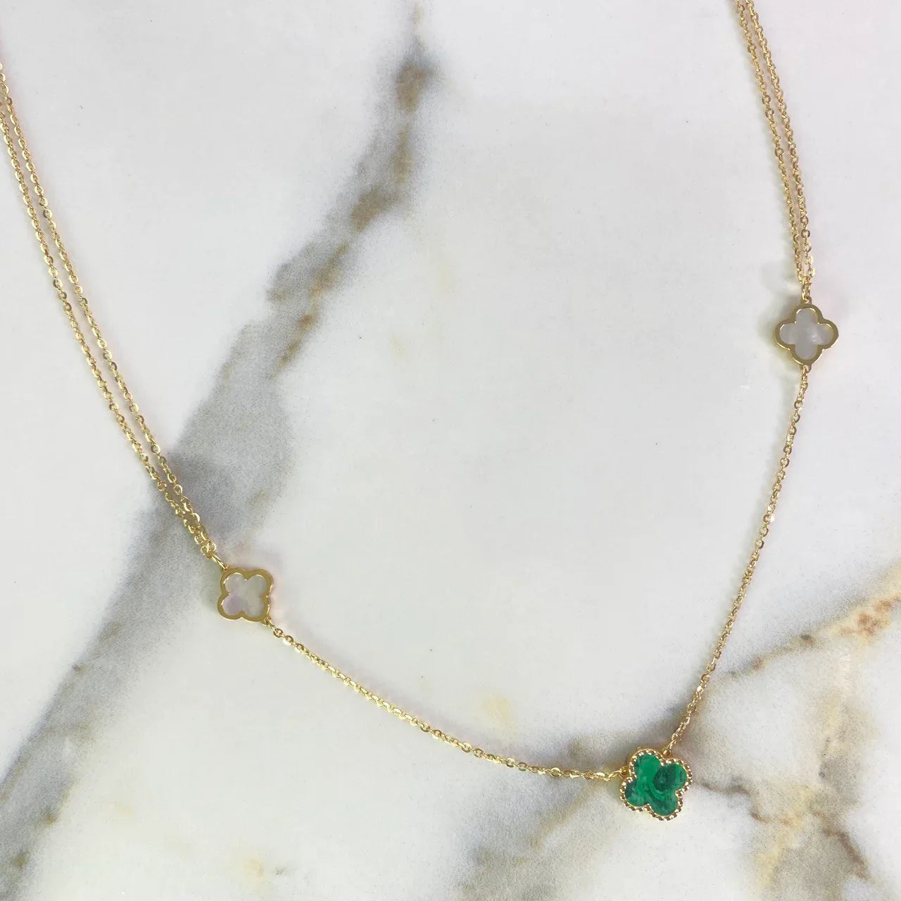 Classic Link Chain Treboles VCyA 4.2gr / 45cm / 1.2mm White Nacre Green Malachite Yellow Gold +4 &