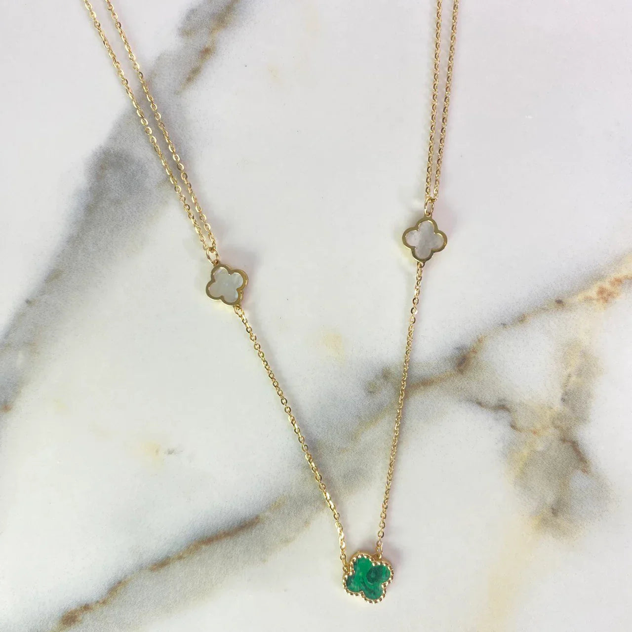 Classic Link Chain Treboles VCyA 4.2gr / 45cm / 1.2mm White Nacre Green Malachite Yellow Gold +4 &