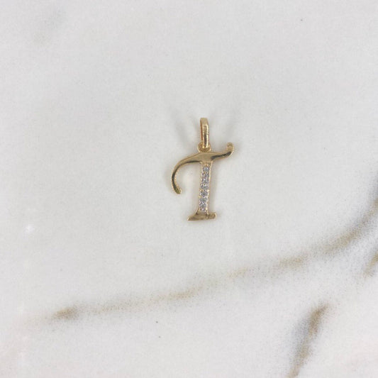 Pendant Letter T 0.7gr / 2cm / White Zirconia Yellow Gold $