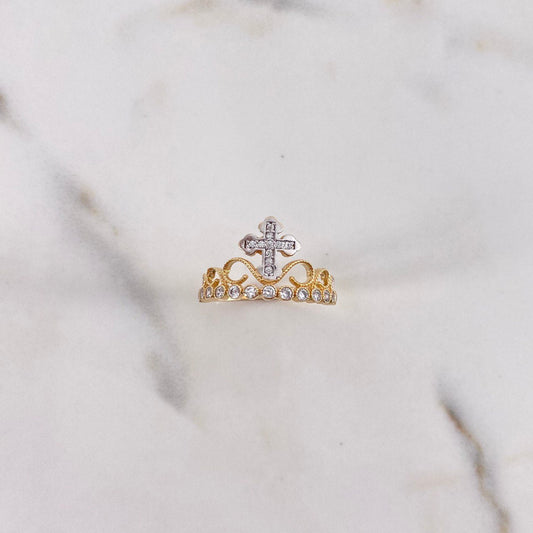 Cross Crown Ring 2.4gr / Size 6 / White Zircons Two-tone Yellow and White Gold $